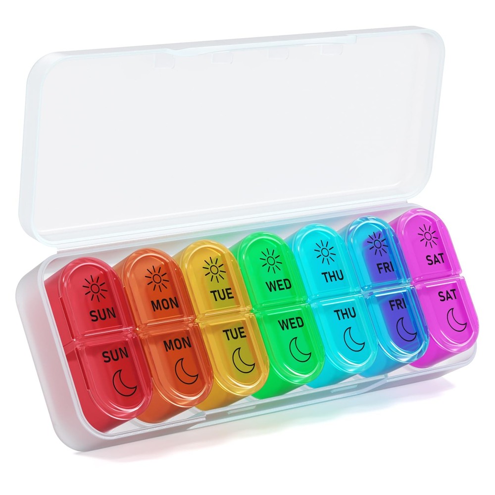 Weekly Pill Organizer AM PM - 7 Color-Coded Cases for Vitamins Supplements
