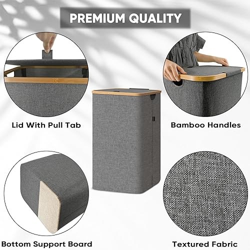 Laundry Hamper with Lid, Tall Laundry Baskets with Bamboo Pull 100 liters Grey