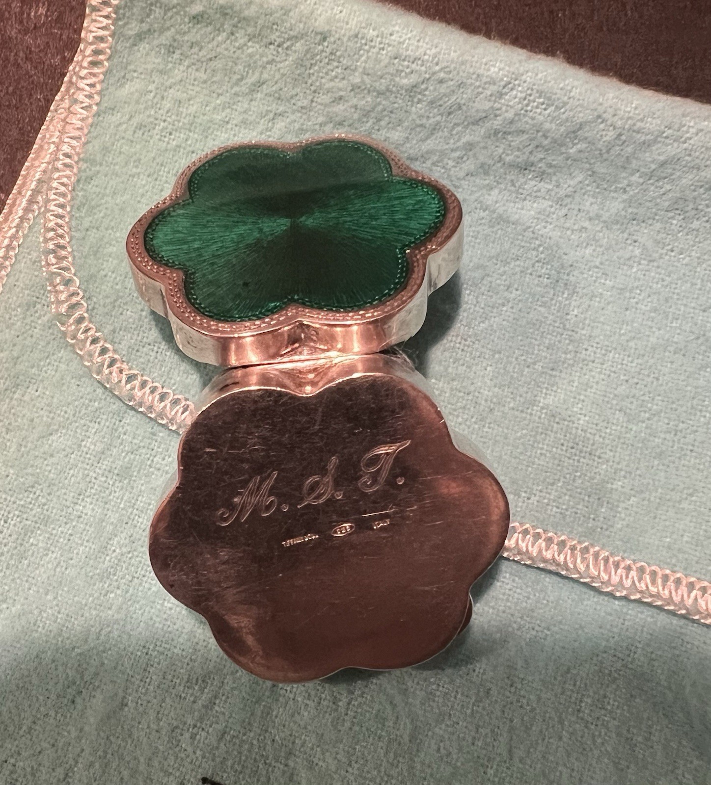 TIFFANY & Co. Green Enamel Sterling Silver Pillbox w/ Engraving Italy Guilloche