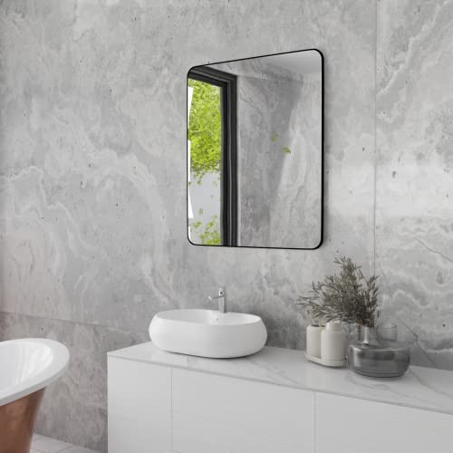 Black Metal Framed Mirror Rectangle Wall Mount Bathroom Vanity Mirror, 20” X