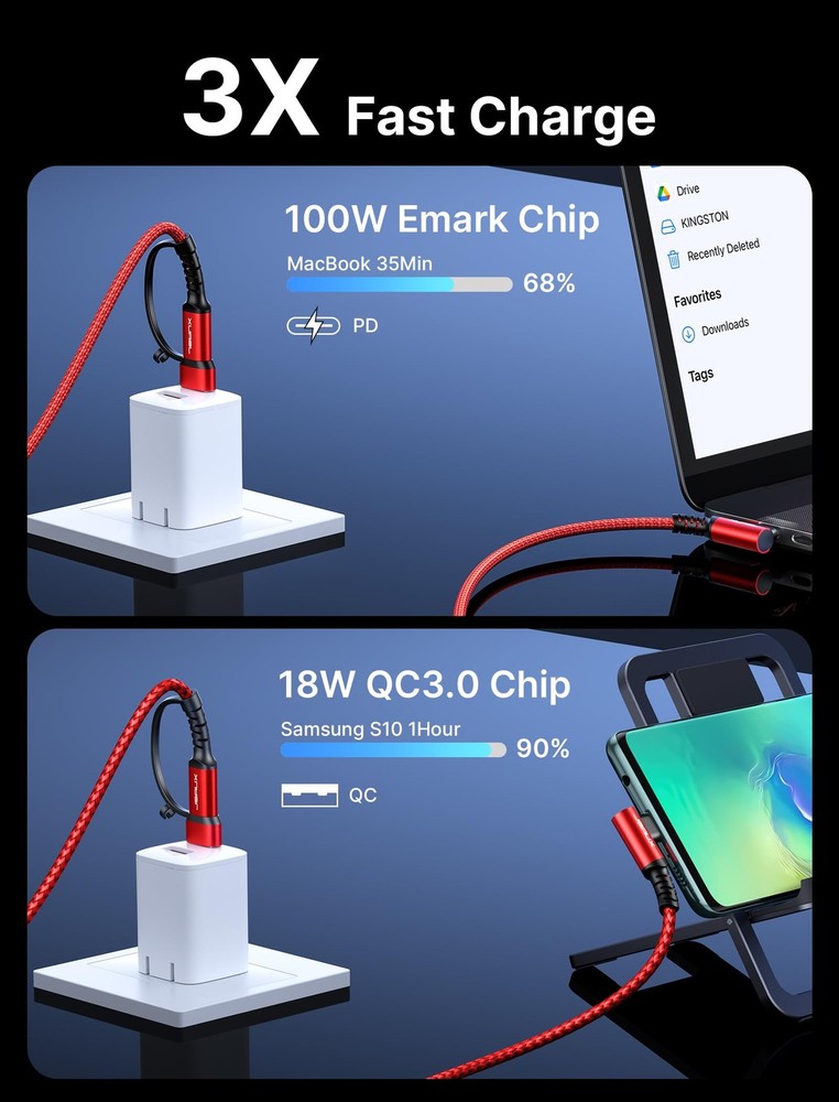 JSAUX 100W USB C Cable [2-Pack 6.6FT], Right Angle Fast Charging 6.6FT, Red