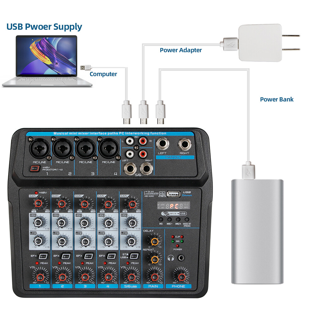 Bluetooth USB Audio Mixer Mixing Console Studio Sound Mixer 6 Channel 4V Max