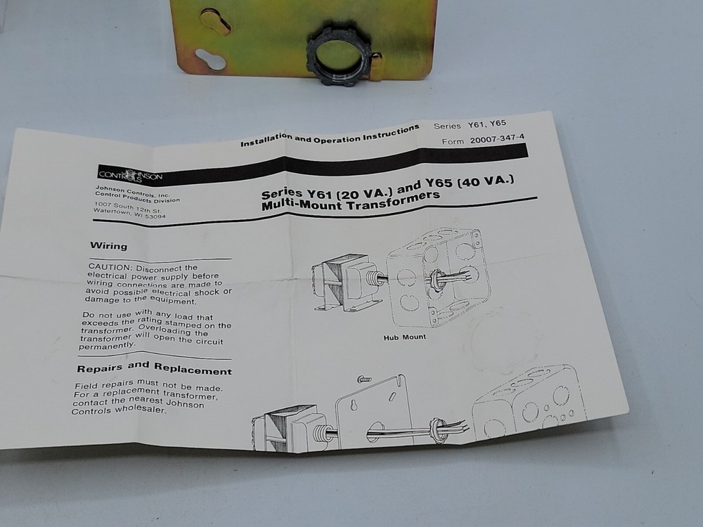 Johnson Controls Y65AR-1 Dry Type Baso 40 VA. Transformer 996-406 Untested
