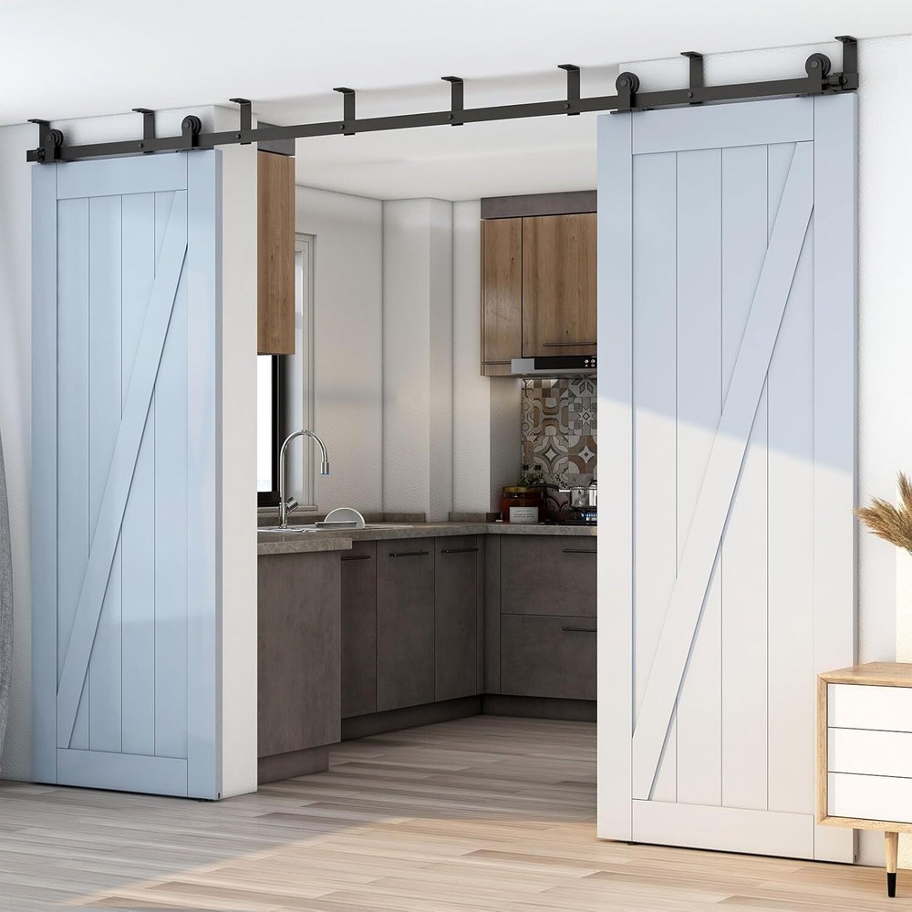 12FT Ceiling Mount Bracket Sliding Barn Door Hardware Kit ,T-shaped Double Door