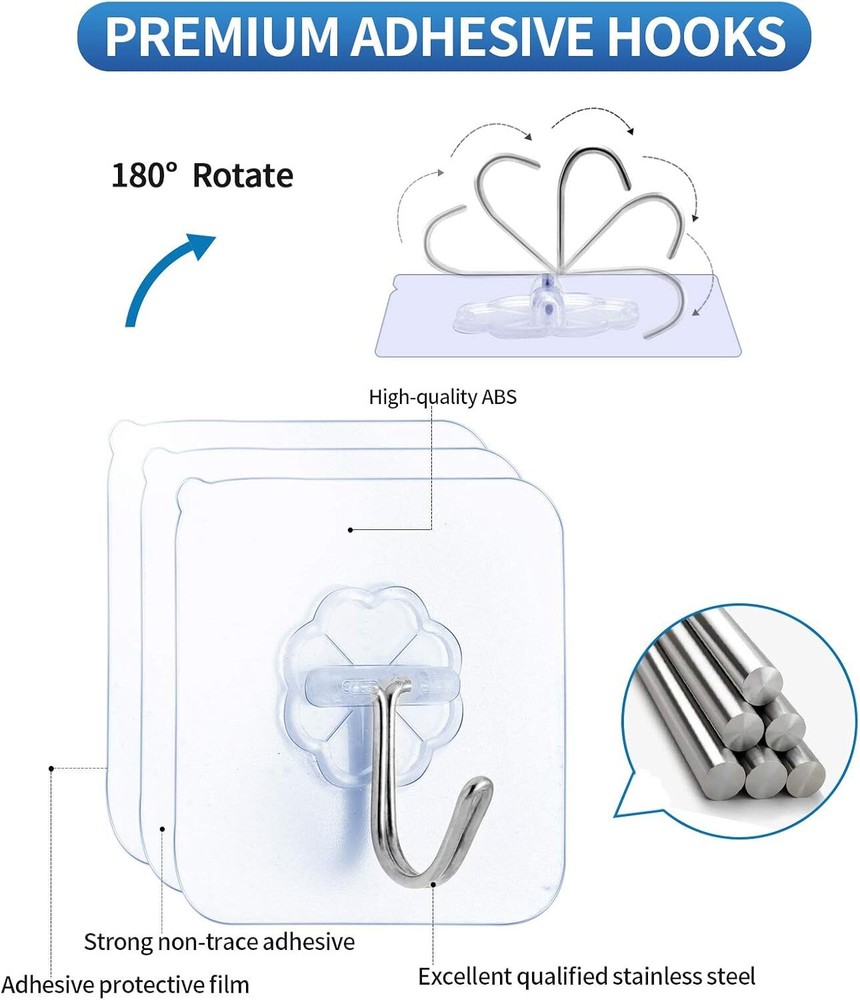 Premium Adhesive Hooks Kitchen Wall Hooks,Heavy Duty 13lb(Max) Transparent