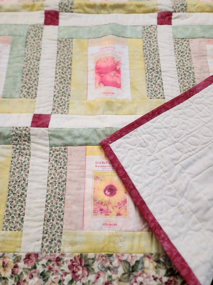 Quilt Wall Hanging Throw "Seed Packet" Pattern 2003 100% Cotton 37x37" Handmade