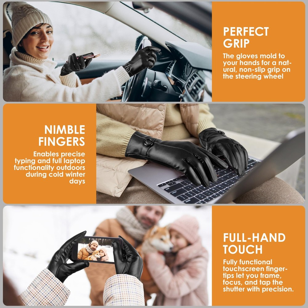 Dsane Womens Winter Leather Gloves Touchscreen Texting Warm Small, Black