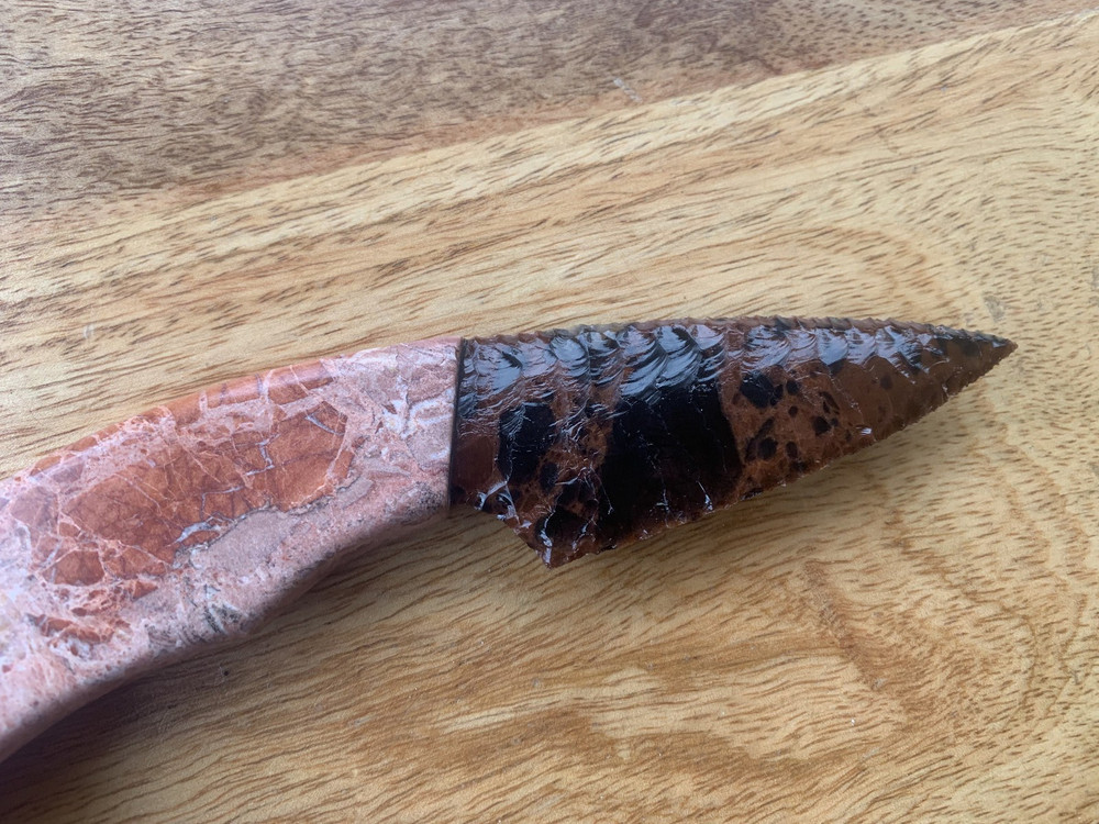 Custom Stone Handle Obsidian Knife by Tommy Masingale. Light Pink Marble.