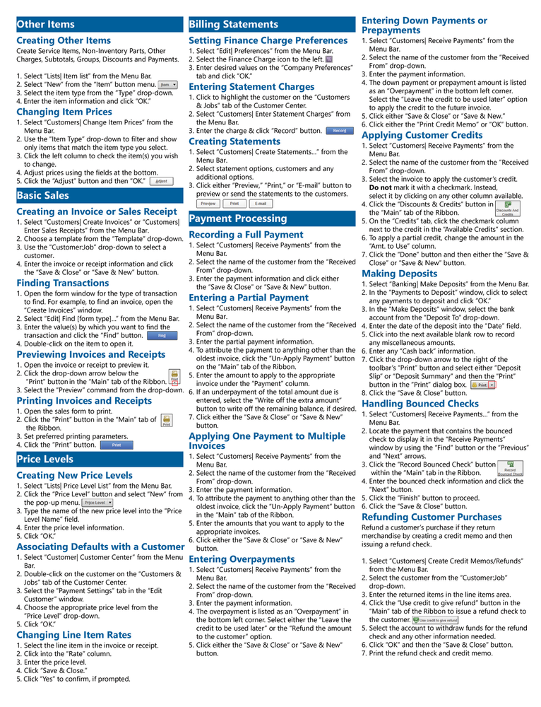 QuickBooks Pro 2020 Training Guide Quick Reference Card 4 Page Cheat Sheet