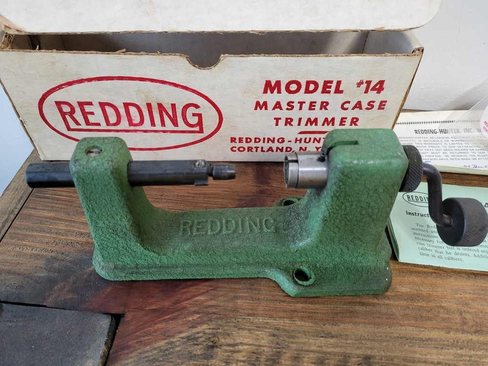 Vtg Redding Model 14 Master Case Trimmer w/ Original Box Papers Pilots Reloading