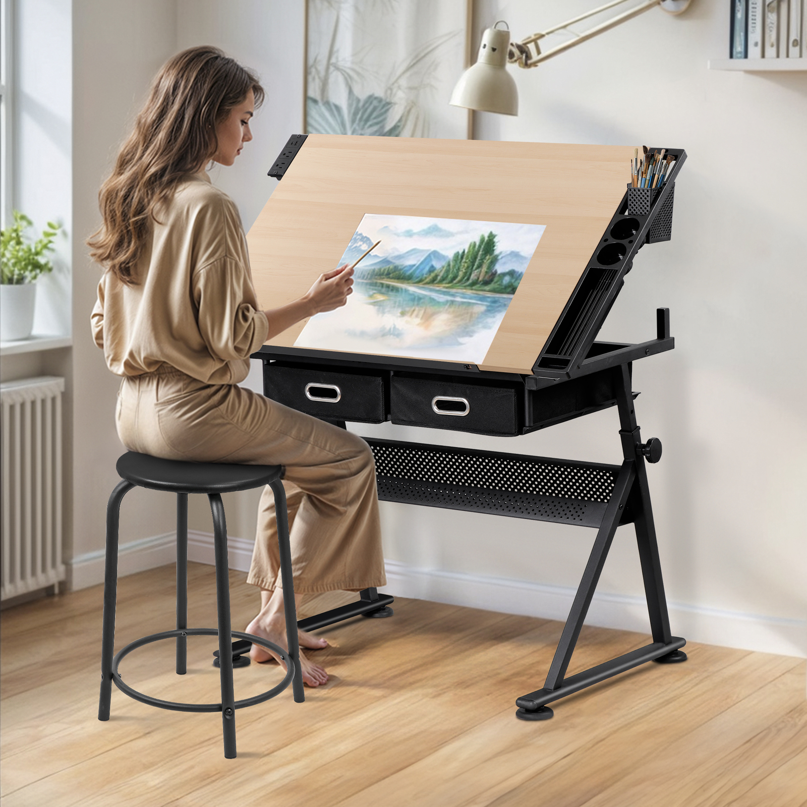 Drafting Drawing Table Adjustable Art Craft Desk w/Power Outlet & Stool Natural