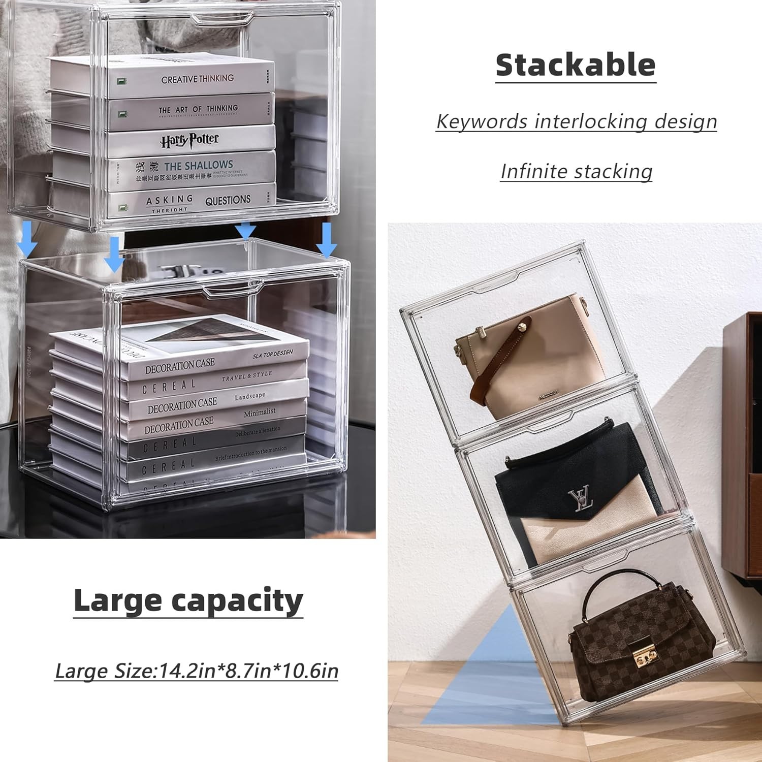 Clear Acrylic Display Case, Stackable Plastic Storage Bins with Magnetic Attract