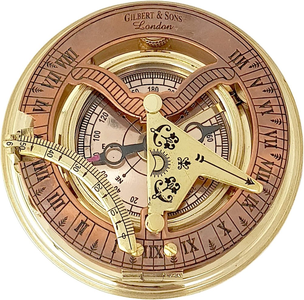 Antique Brass & Copper Sundial Compass with Gift Box - Ship Replica Clock
