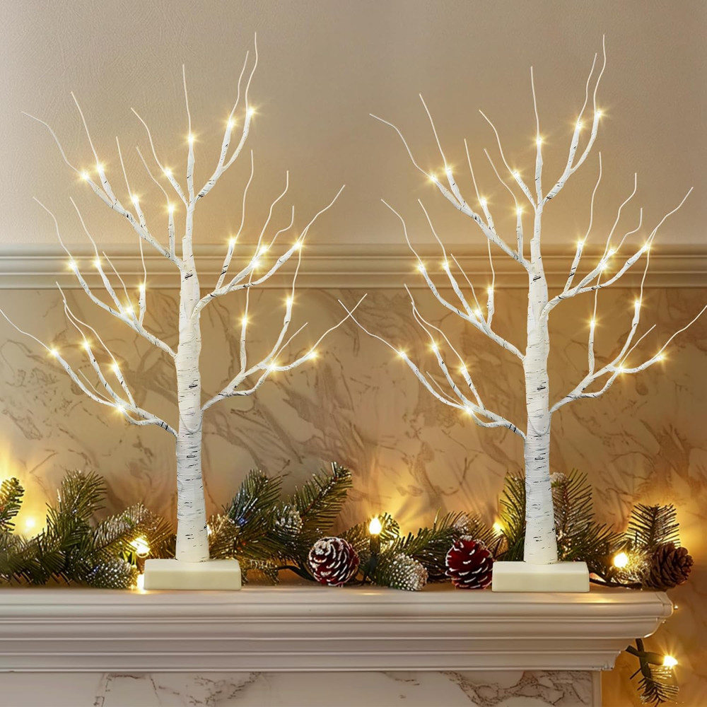 2 Pack 2 FT Lighted Birch Trees with LED Lights for Holiday Decor
