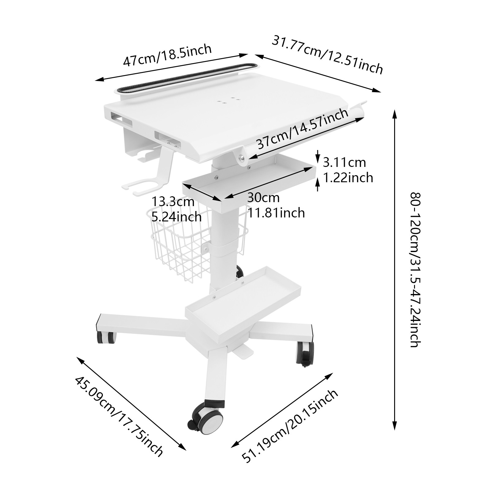Medical Laptop Workstation Cart Dental Medical Cart Trolley w/ Scanner Holder