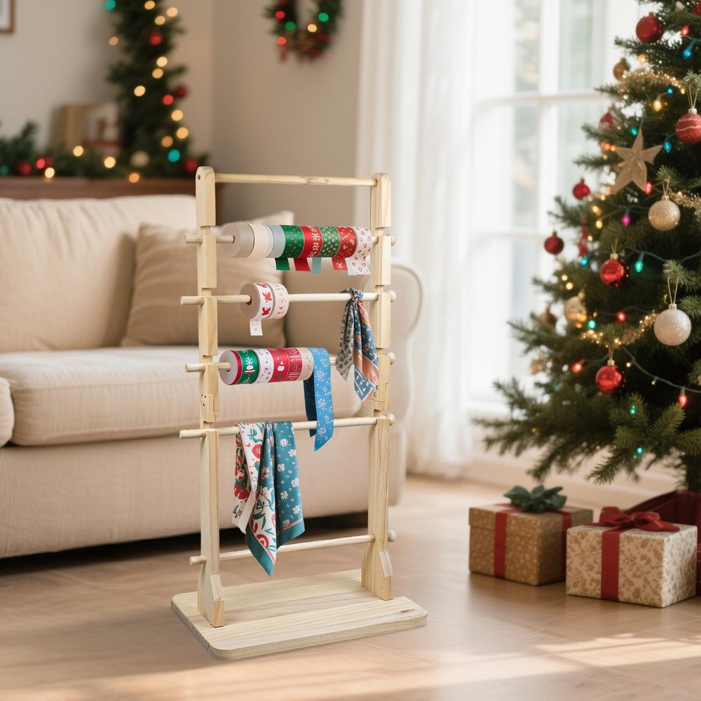 6 Tier Large Capacity Solid Wood Ribbon Storage Rack MultiSpacing Spool