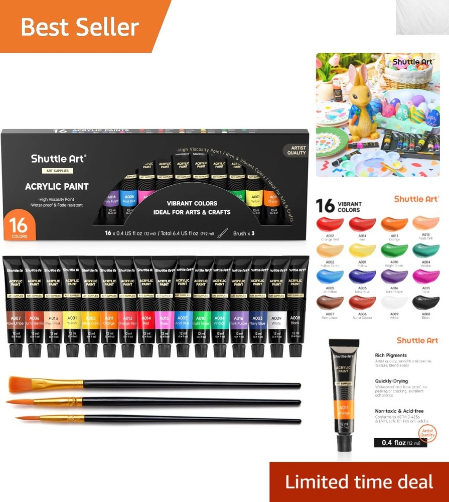 Complete Acrylic Painting Set - 16 Tubes, 12ml, Includes Brushes for All Ages
