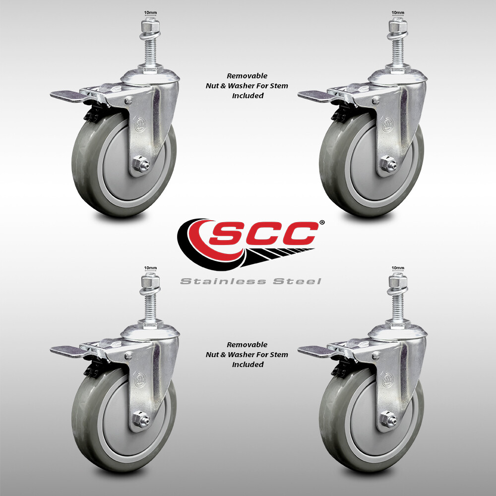 5 Inch SS Gray Polyurethane 10mm Threaded Stem Caster Set Total Lock Brake