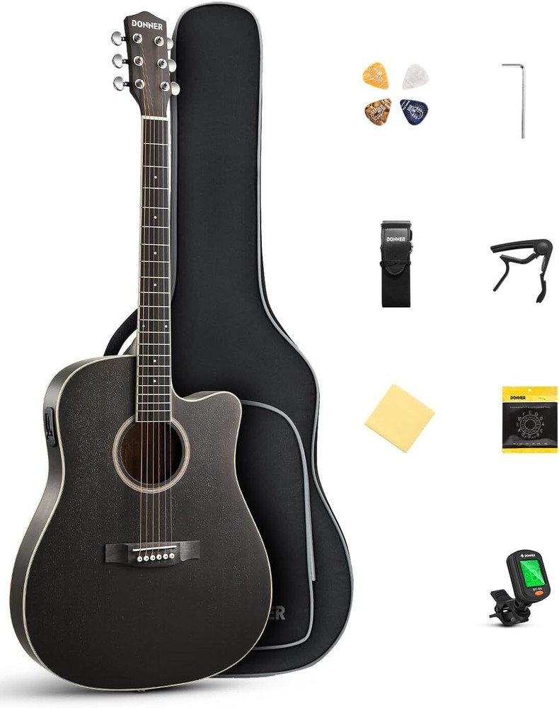 Donner 41" Full Size Acoustic Electric Guitar + Gig Bag Picks Tuner String Strap