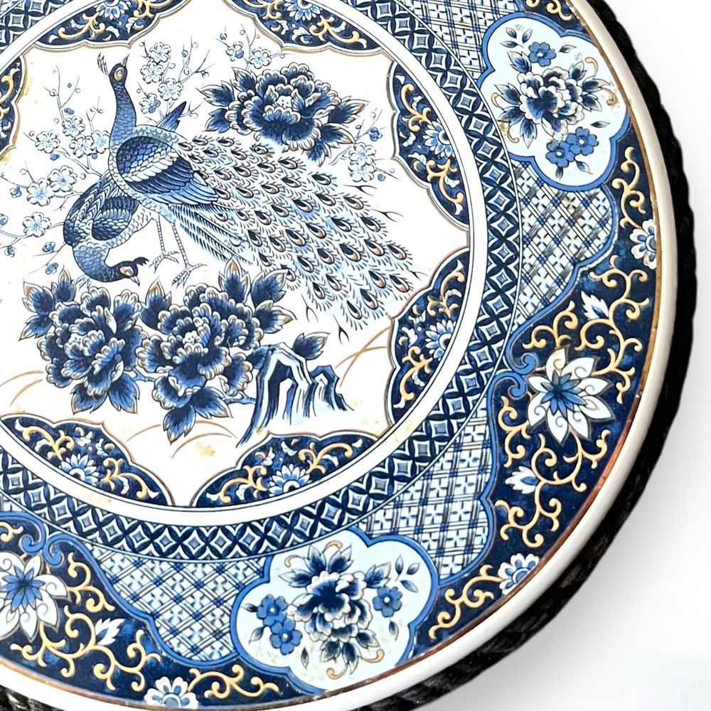 Blue White Ceramic Trivet Peacock Design Cork Back 6 Inch Round