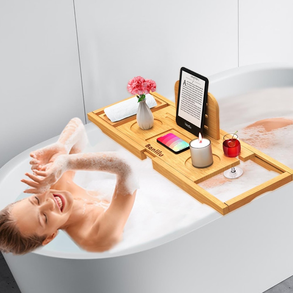 Luxury Expandable Bamboo Bathtub Tray - Rectangular Bath Natural Wood
