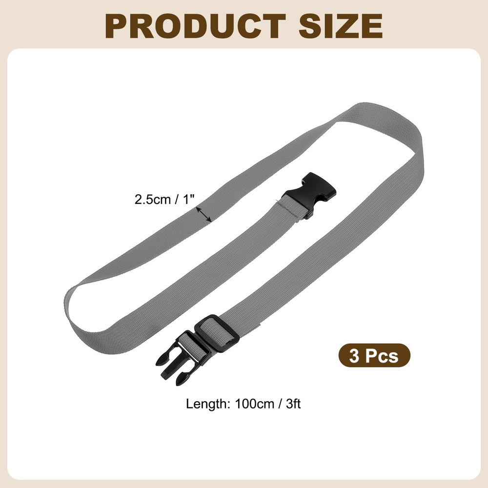 3pcs 1" x 3ft Utility Straps with Quick Release Buckle Adjustable, Gray