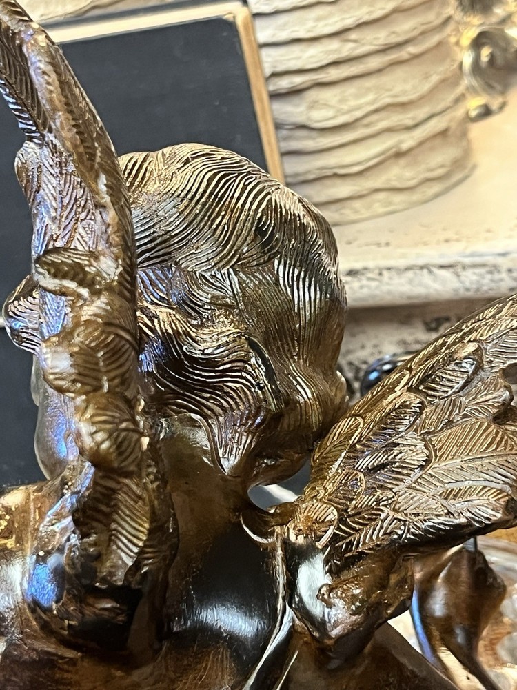 Pair Alerte Solid Bronze Cherub Putti Statue Statuette Like Louis Auguste Moreau