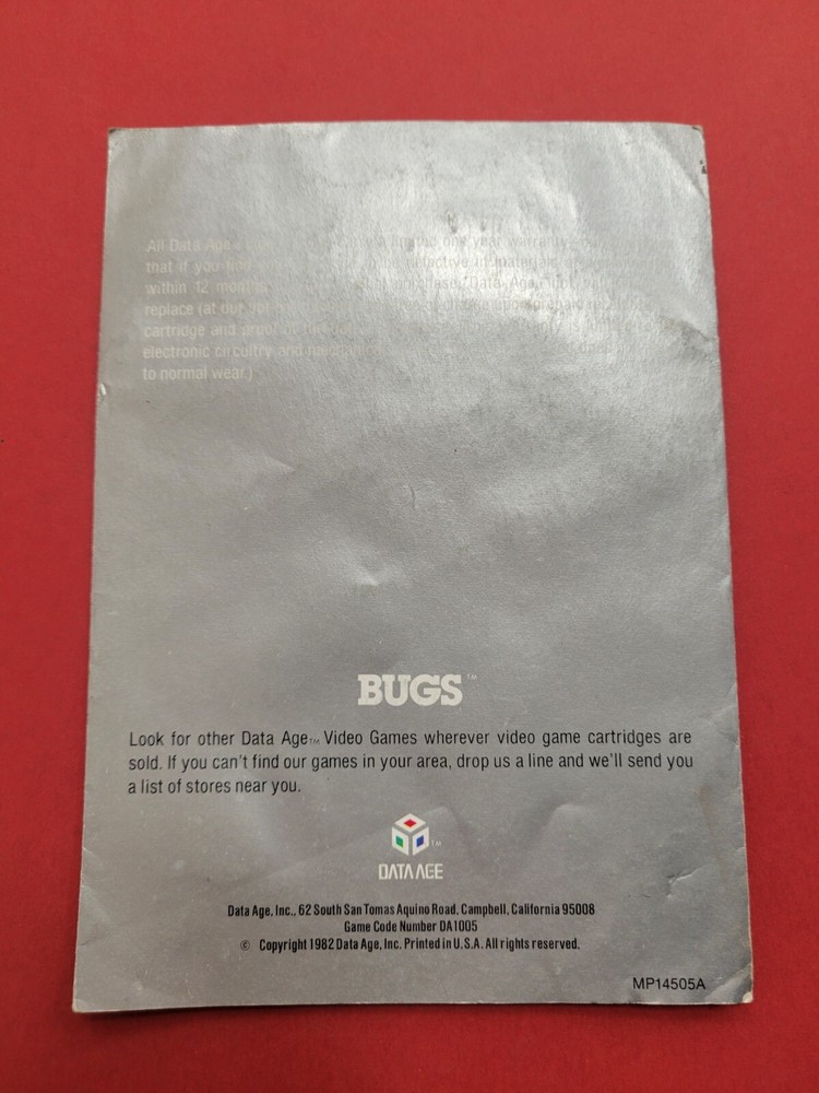 Original 1982 Data Age Bugs video game manual instructions