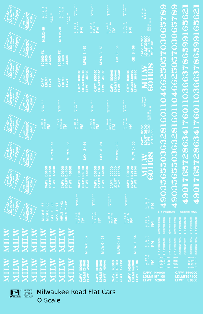 K4 O Scale Decals Milwaukee Road Flat Car White