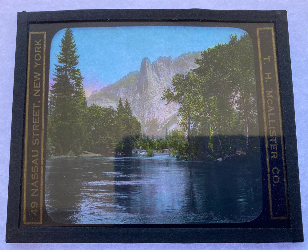 COLORED MAGIC LANTERN SLIDE YOSEMITE SENTINEL & MERCED RIVER 1900s