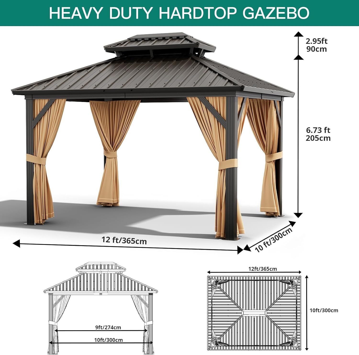 10x12 FT Heavy-Duty Aluminum Gazebo & Double-Layer Iron Roof All-Weather Outdoor