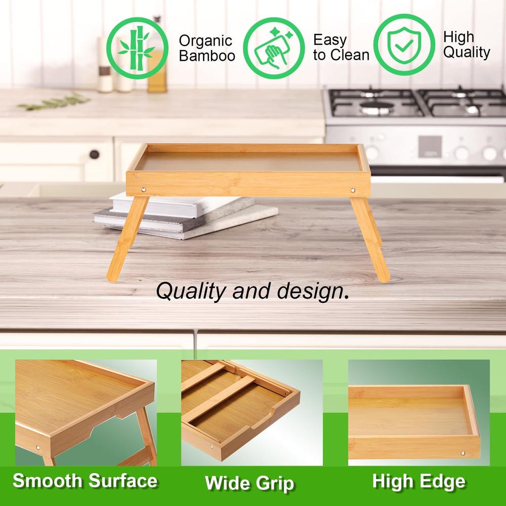 2 Pack Bamboo Bed Tray Table with Folding Legs,Breakfast Trays,Serving Tray f...