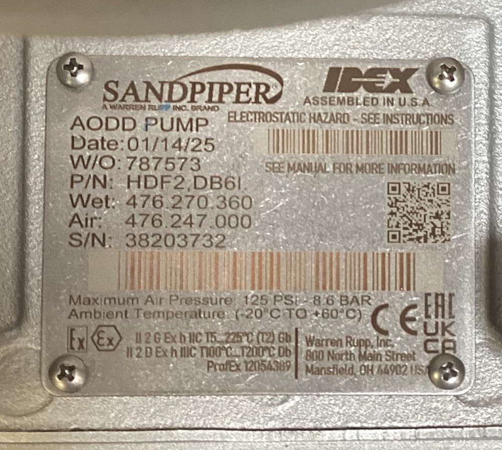 SANDPIPER HDF2,DB6I. Double Diaphragm Pump 125 psi