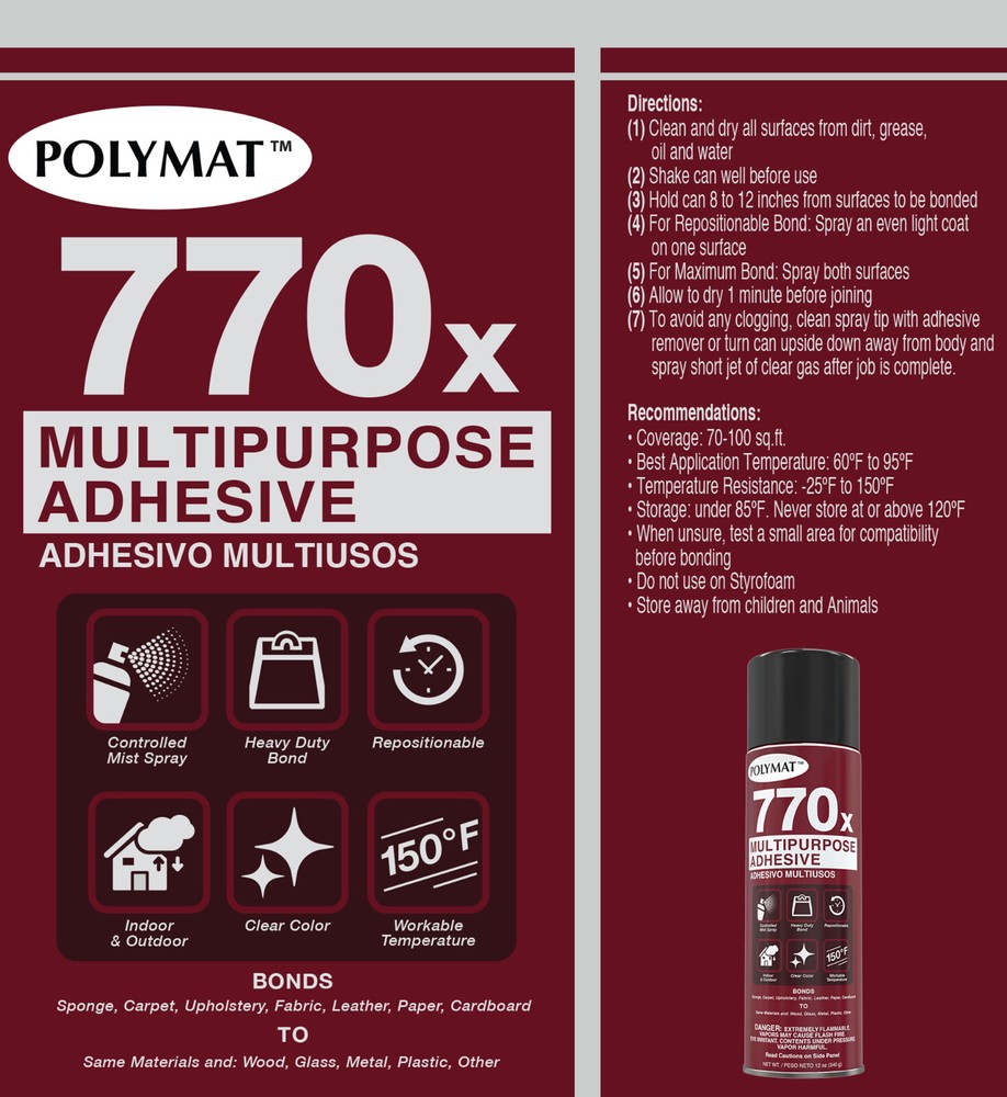 12 Polymat 770X MULTIPURPOSE Fabric Carpet Instant Tack CLEAR Spray Adhesive
