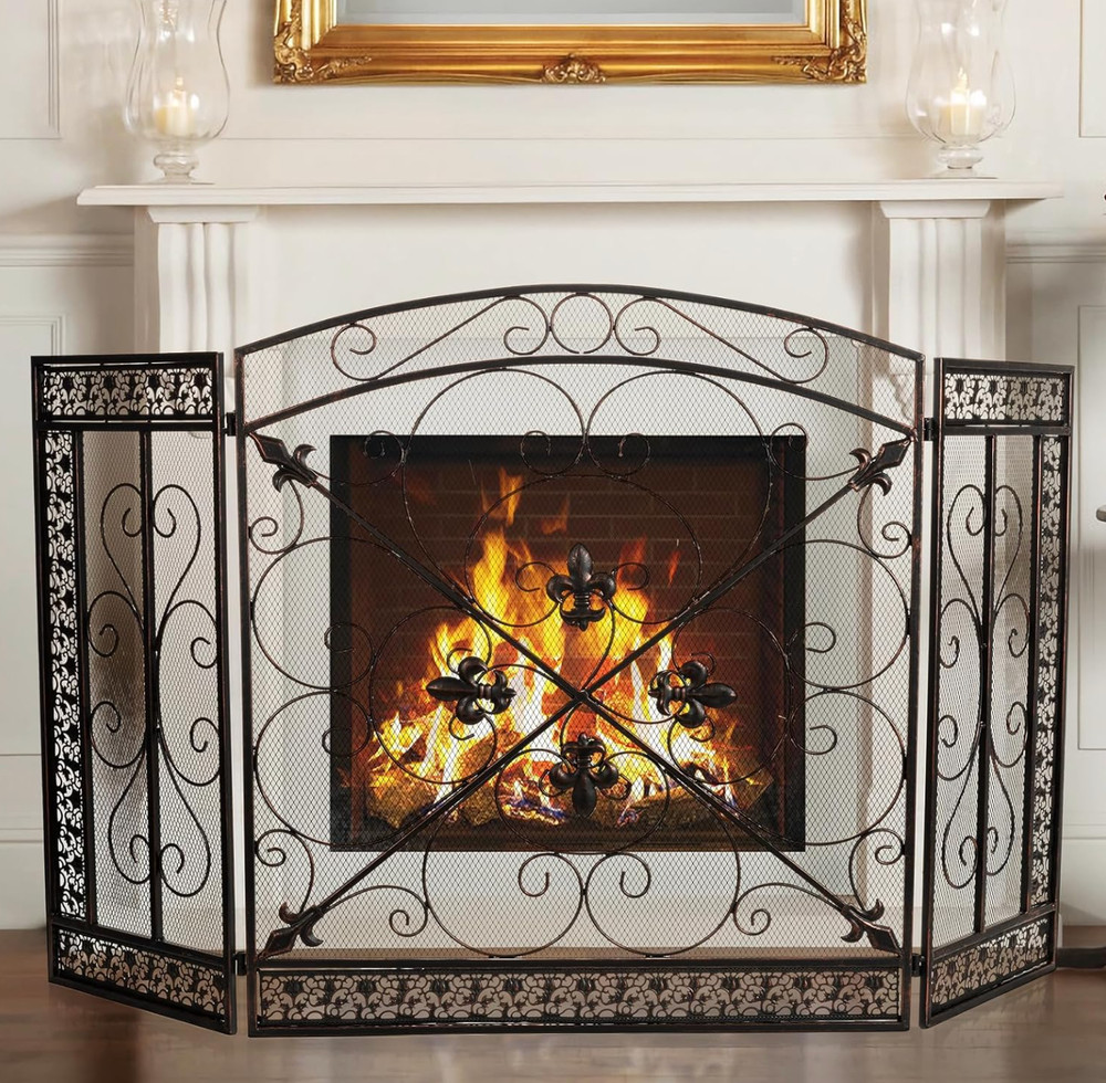 3 Panel Iron Fireplace Mesh Screen Traditional Scroll Wrought Iron Black Metal
