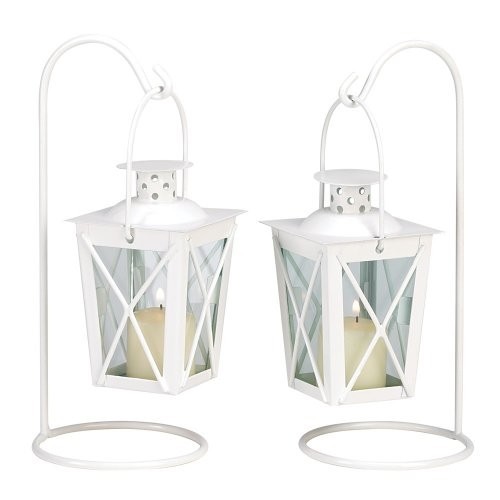 WHITE RAILROAD CANDLE LANTERNS - 9" HIGH - 2 Lanterns
