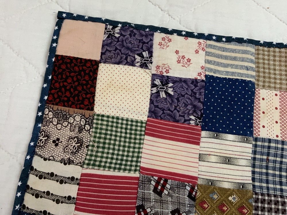 Antique Patchwork Quilt Table Topper, Rectangle, Four Patch, Early Calico Prints