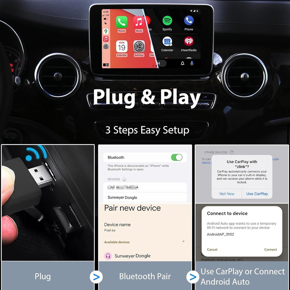 Sunweyer Wireless CarPlay & Android Auto Adapter 2 in 1 Connect Box,...