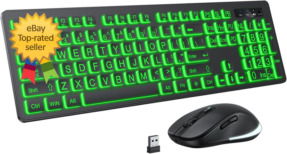 Large Print Wireless Keyboard and Mouse  7 Colors Backlit Keyboard Oversize Lett