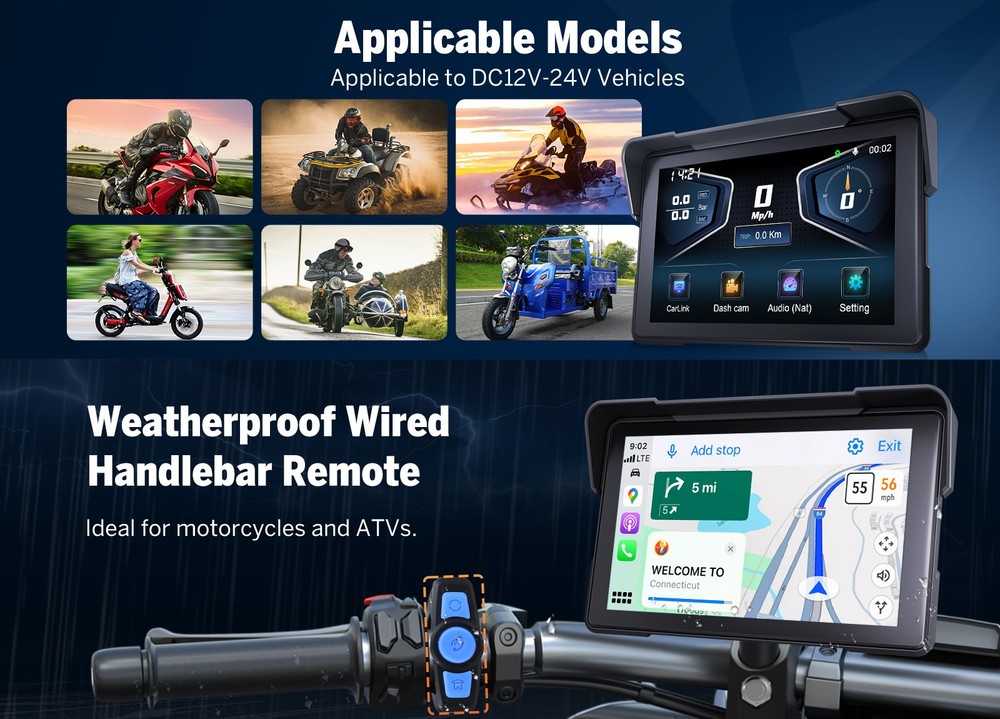 Portable Motorcycle Wireless CarPlay Waterproof 7" IPS TouchScreen GPS Bluetooth