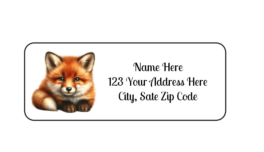 30 Fluffy Small Fox PERSONALIZED RETURN ADDRESS LABELS 1 in X 2 5/8 GLOSSY