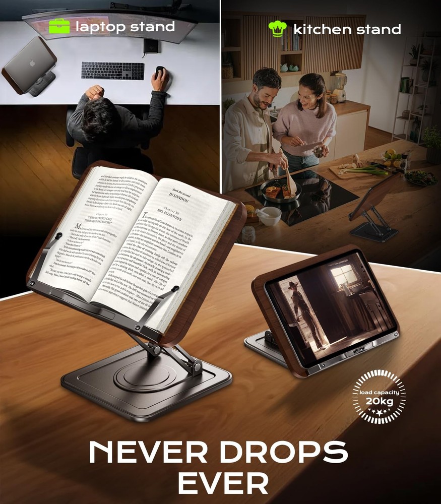 Book Stand for Reading, Adjustable Holder with 360°Rotating Bases, Black