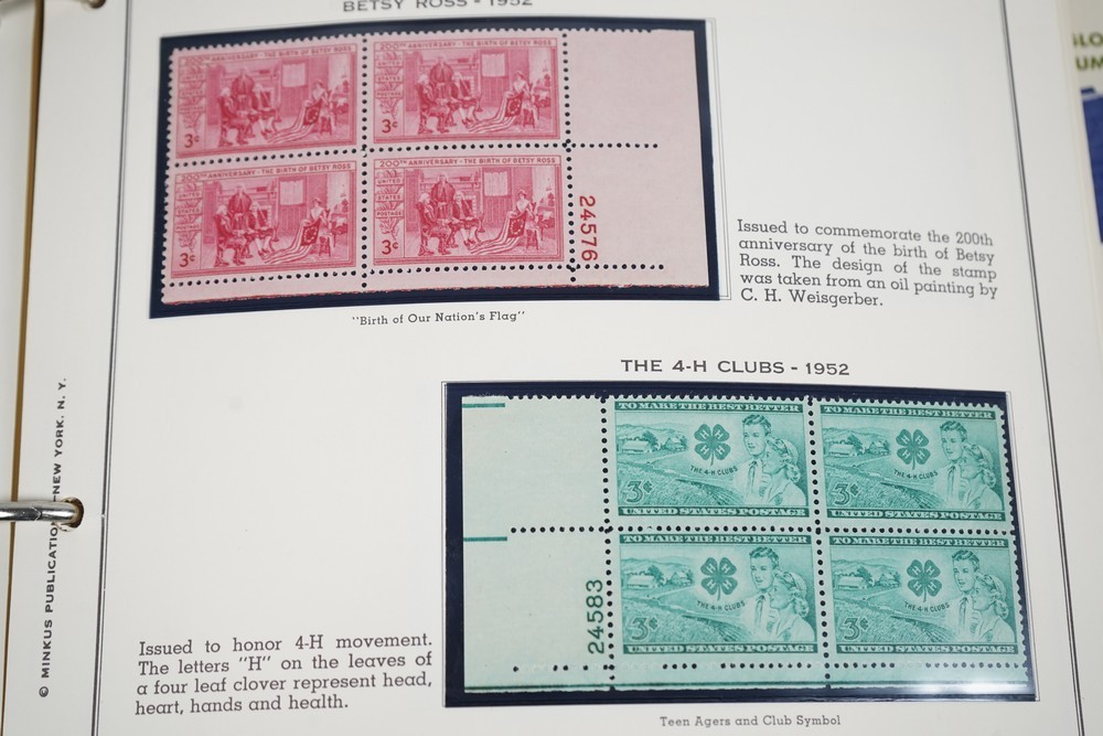 US 1950s-1960s COLLECTION OF 240 MINT PLATE BLOCKS STORED IN MINKUS ALBUM