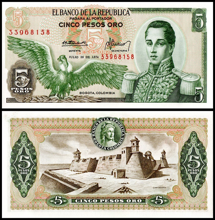 Colombia 5 Pesos Oro, 1974, P-406e.2, UNC