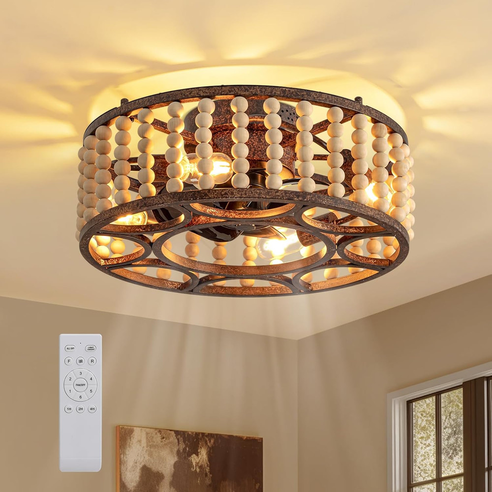 20" Boho Wood Beaded Ceiling Fan with Lights & Remote for Home Decor