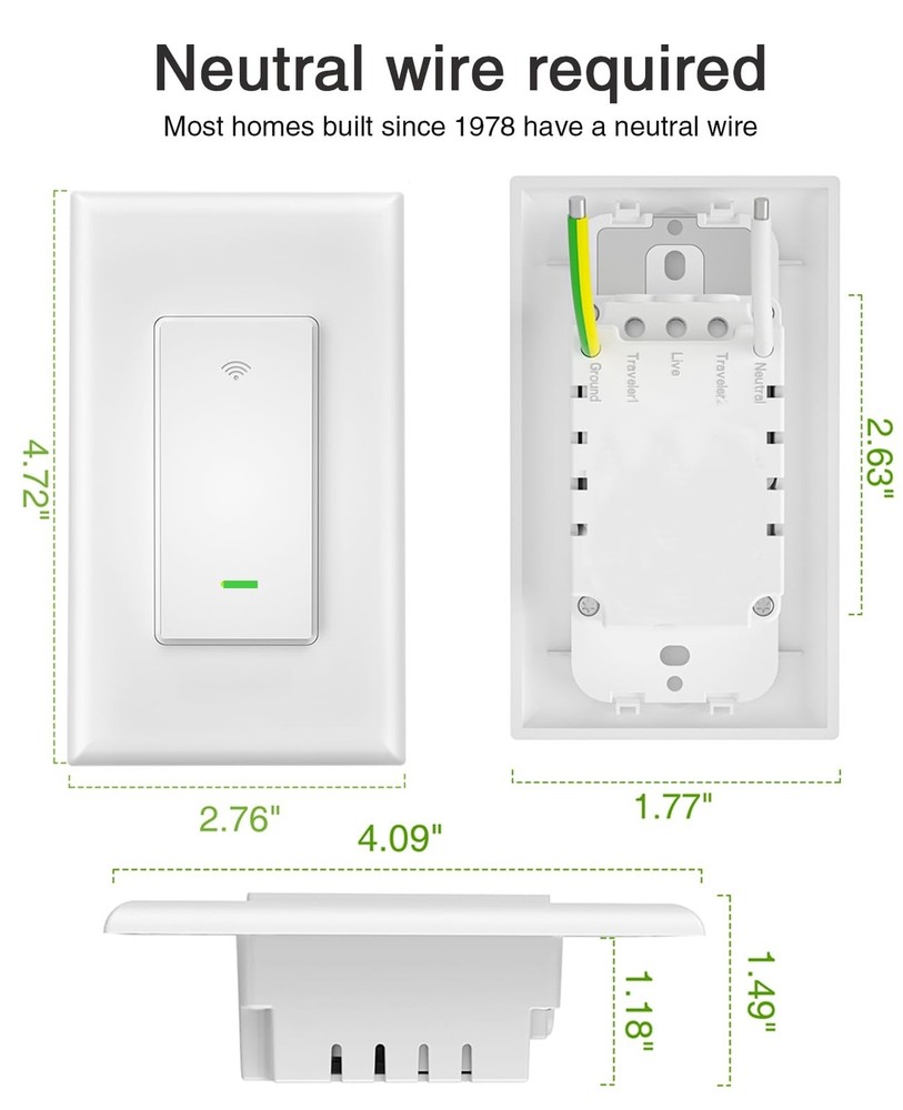 GHome Smart Switch, 3 Way Light Wi-Fi Switch Compatible with Alexa and Google...
