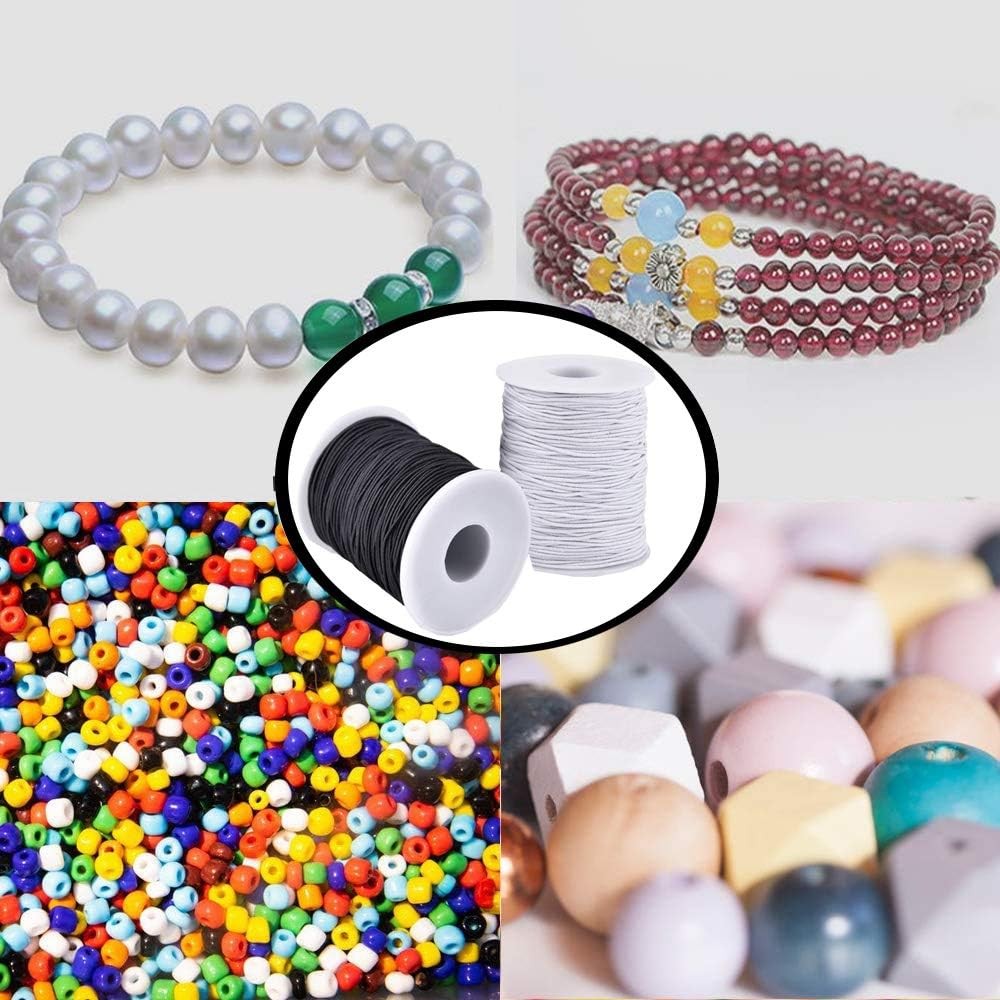 Elastic String for Bracelets, 2 Rolls 1 mm Black+White, Black and White