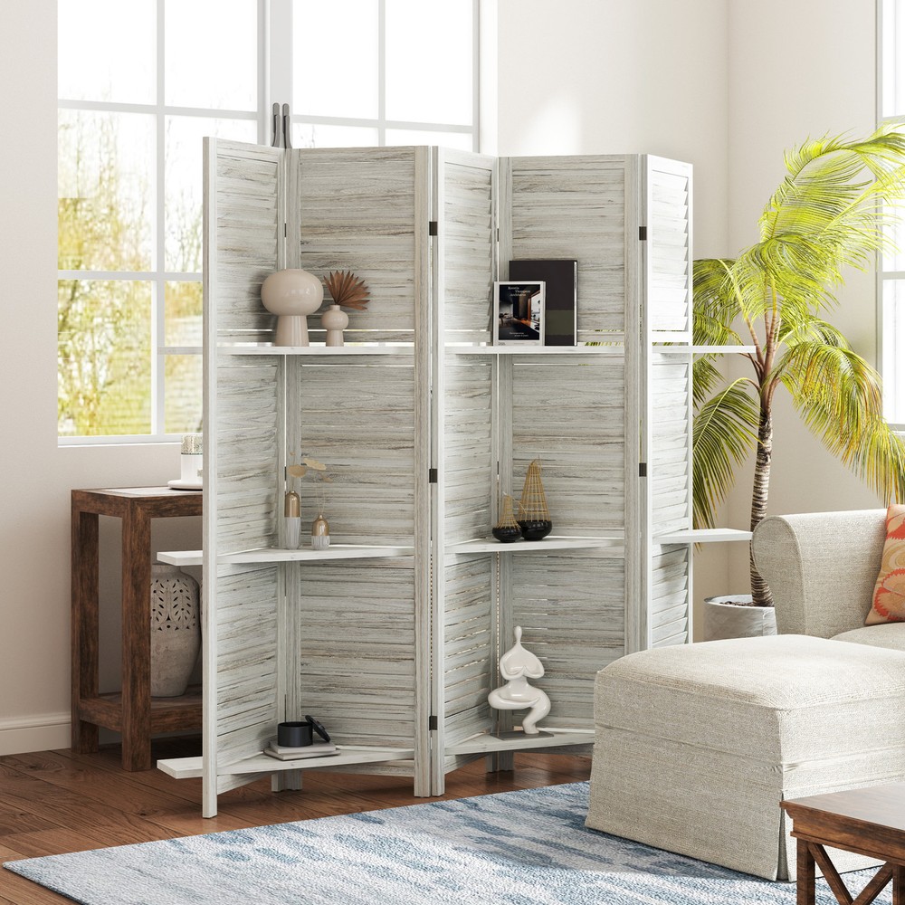 5 Panel Privacy Screen, Room Divider with 3 Shelves Distressed White