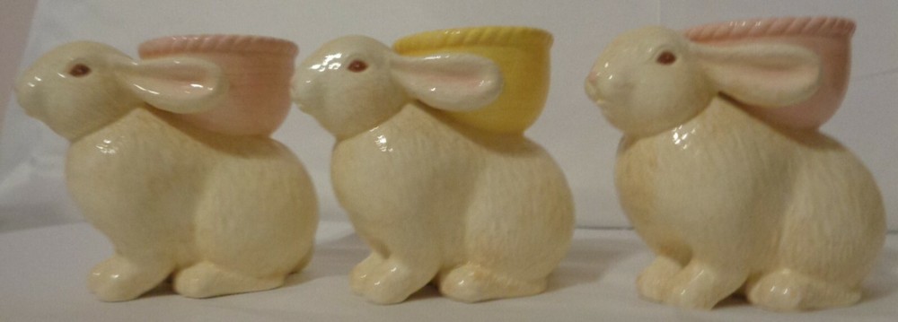 HALLMARK EASTER BUNNY RABBIT FIGURE LOT 3 TABLE DECOR EGG CUP CANDLE HOLDER