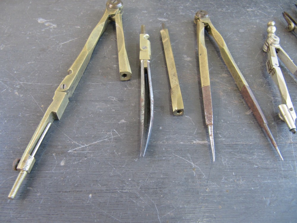 Antique Brass Drawing Engineering Draughtsman's Tools in Rosewood Box